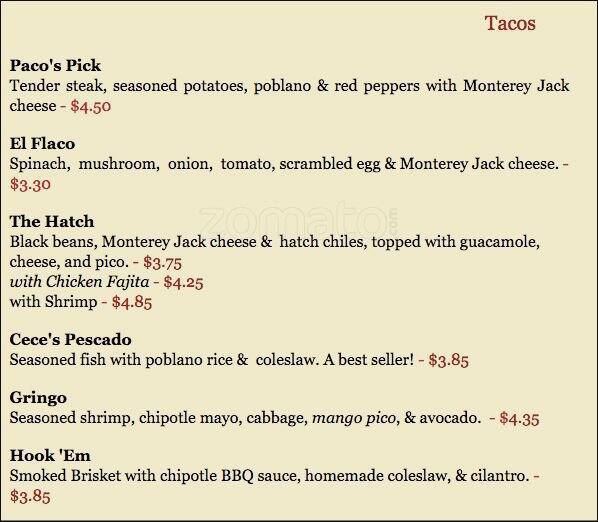Menu of Paco's Tacos, Windsor Park, Austin  