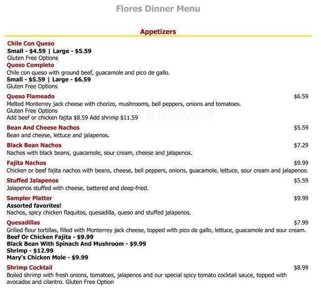 Menu of Flores Mexican Restaurant, Anderson Mill, Austin  