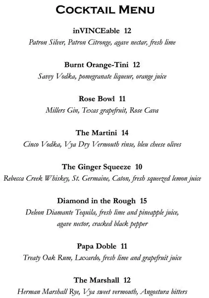 Menu of Vince Young Steakhouse, Downtown, Austin  
