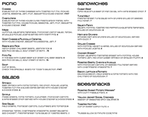 Menu of Yellow Jacket Social Club, East Cesar Chavez, Austin  