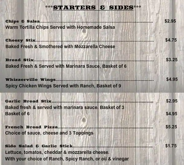 Menu of Whizzerville Hall, Dale, Caldwell County  