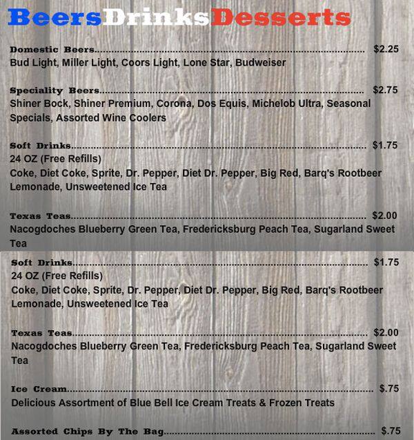 Menu of Whizzerville Hall, Dale, Caldwell County  