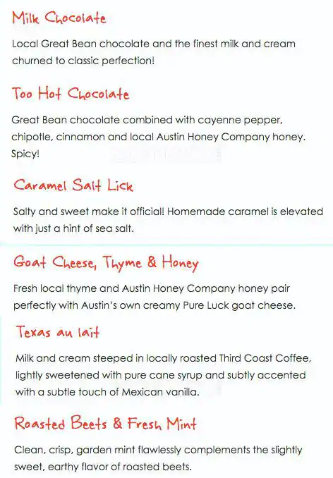 Menu of Lick Honest Ice Creams, Barton Hills, Austin  