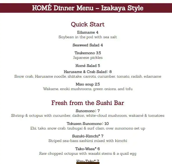 Menu of Komé Sushi Kitchen, Hyde Park, Austin  