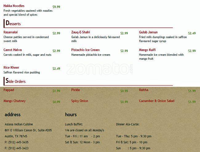 Menu of Asiana Indian Cuisine, Sweetbriar, Austin  