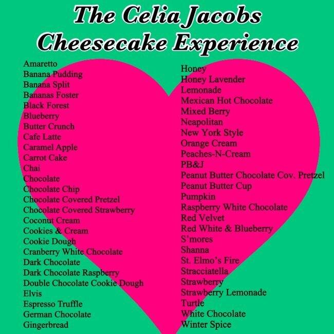 Menu of The Celia Jacobs Cheesecake Experience, East Congress, Austin  