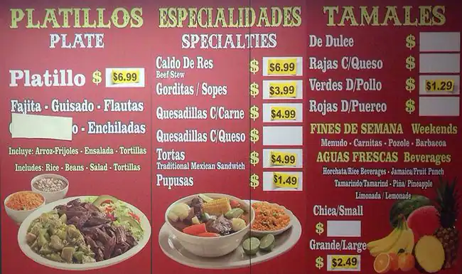 Menu of La Michoacana Taqueria y Panaderia, East Riverside, Austin  