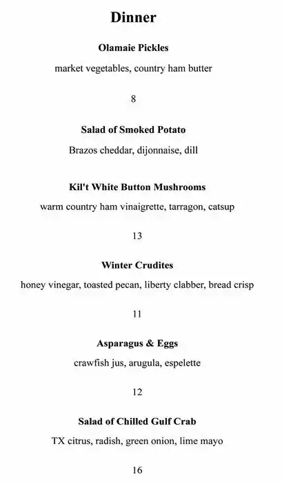 Menu of Olamaie, Downtown, Austin  