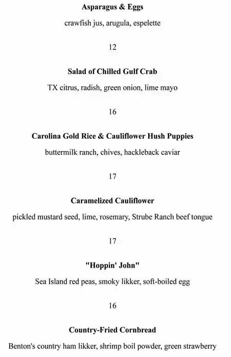 Menu of Olamaie, Downtown, Austin  
