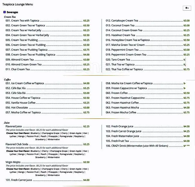 Menu of Teapioca Lounge, Southpark Meadows, Austin  