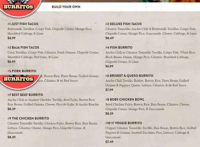 Menu of Cabo Bob's Burritos, West Campus, Austin  