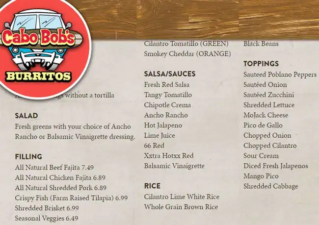 Menu of Cabo Bob's Burritos, West Campus, Austin  