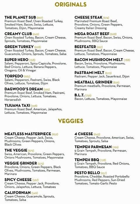 Menu of Planet Sub, Downtown, Austin  