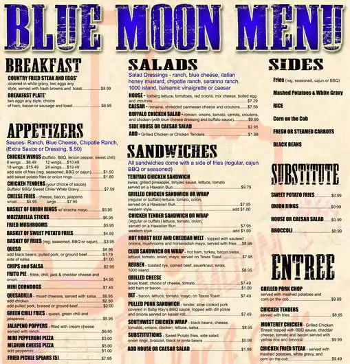 Menu of Blue Moon Bar & Grill, Travis Heights, Austin  