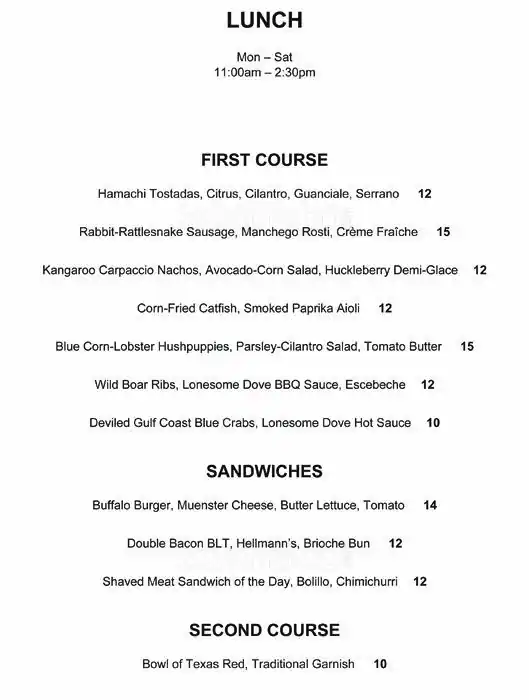 Menu of Lonesome Dove, Downtown, Austin  