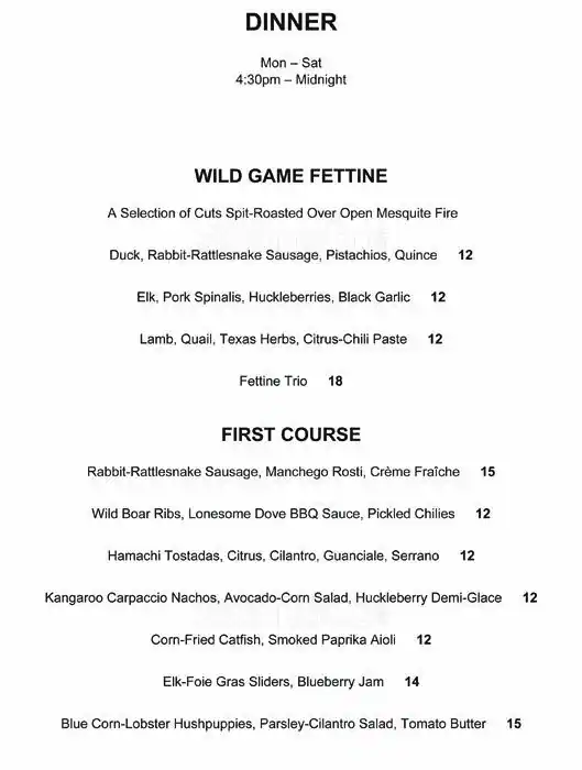 Menu of Lonesome Dove, Downtown, Austin  