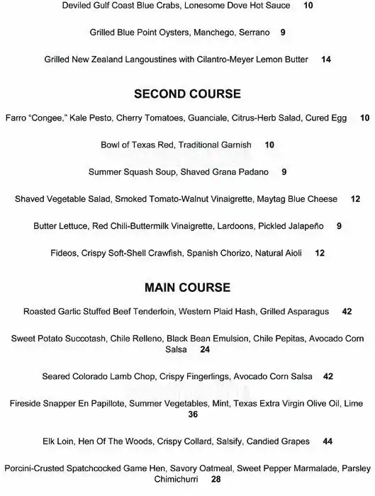 Menu of Lonesome Dove, Downtown, Austin  