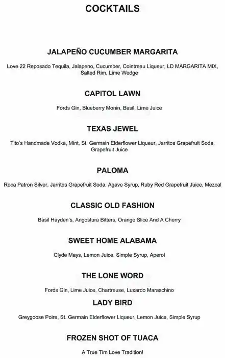 Menu of Lonesome Dove, Downtown, Austin  