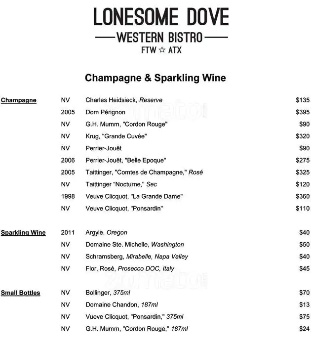Menu of Lonesome Dove, Downtown, Austin  