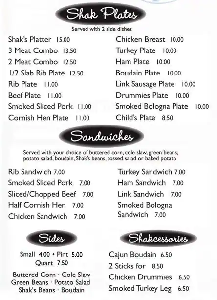 Menu of Baby Back Shak, Cedar Crest, Dallas  