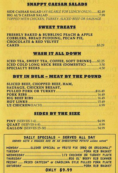 Menu of Big Al's Smokehouse BBQ, Lovefield, Dallas  