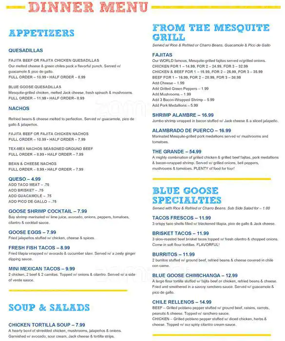 Menu of Blue Goose Cantina, Vickery Place, Dallas  