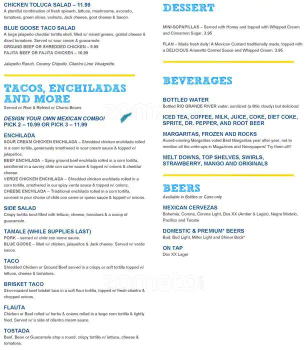 Menu of Blue Goose Cantina, Vickery Place, Dallas  