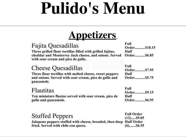 Menu of Cafe Pulido's, Arlington, Arlington  