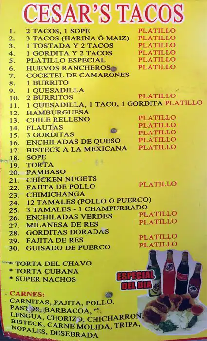 Menu of Cesar's Tacos, Oak Cliff, Dallas  