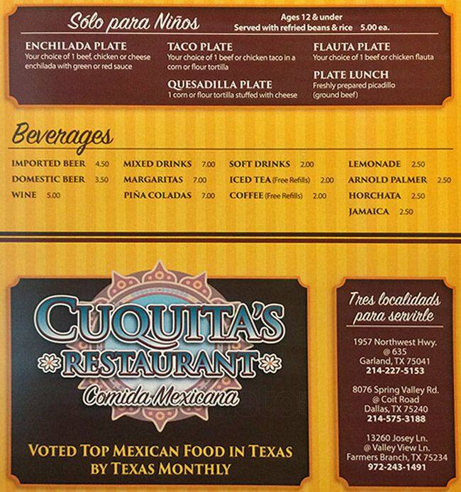 Menu of Cuquita's Restaurant, Far North Dallas, Dallas  
