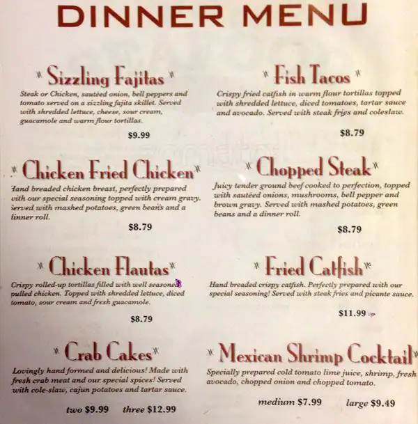 Menu of JJ's Café, Lake Highlands, Dallas  