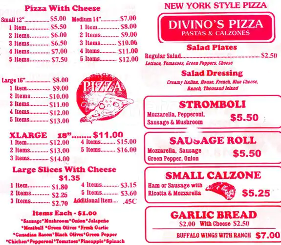 Menu of Divino's Pizzaria, Old East Dallas, Dallas  
