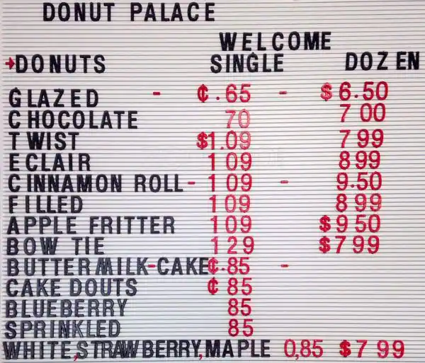 Menu of Donut Palace, South Arlington, Arlington  