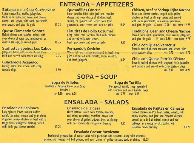 Menu of Fernando's Mexican Cuisine, Preston Hollow, Dallas  