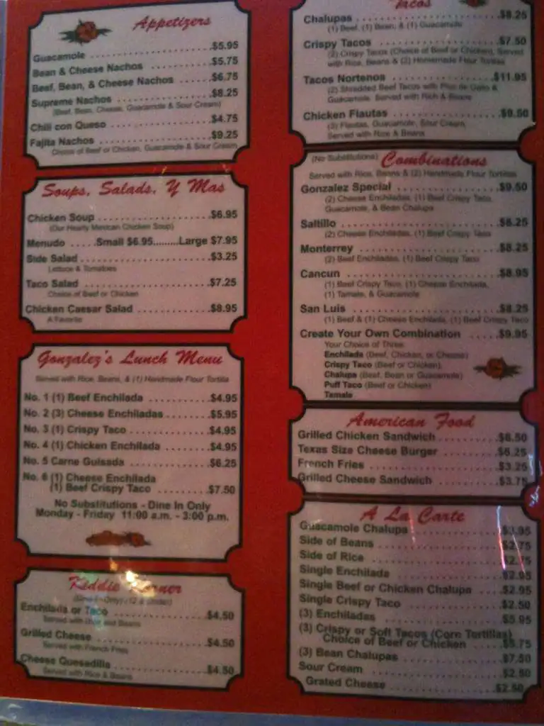 Menu of Gonzalez Restaurant, Oak Cliff, Dallas  