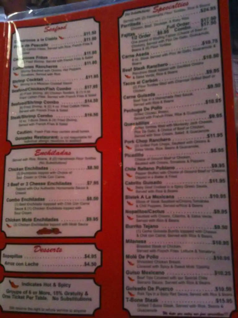 Menu of Gonzalez Restaurant, Oak Cliff, Dallas  