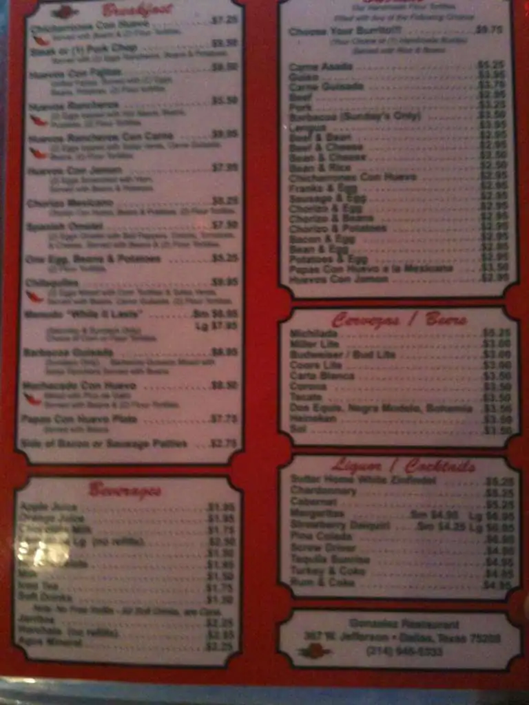 Menu of Gonzalez Restaurant, Oak Cliff, Dallas  
