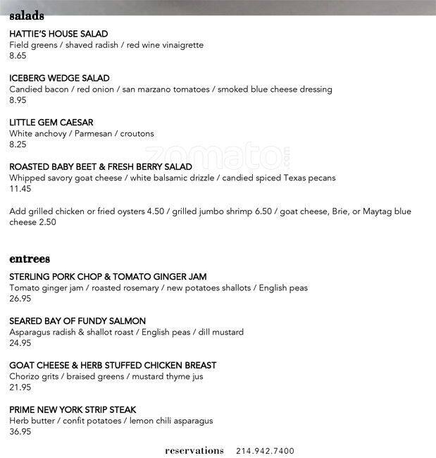 Menu of Hattie's, Bishop Arts District, Dallas  