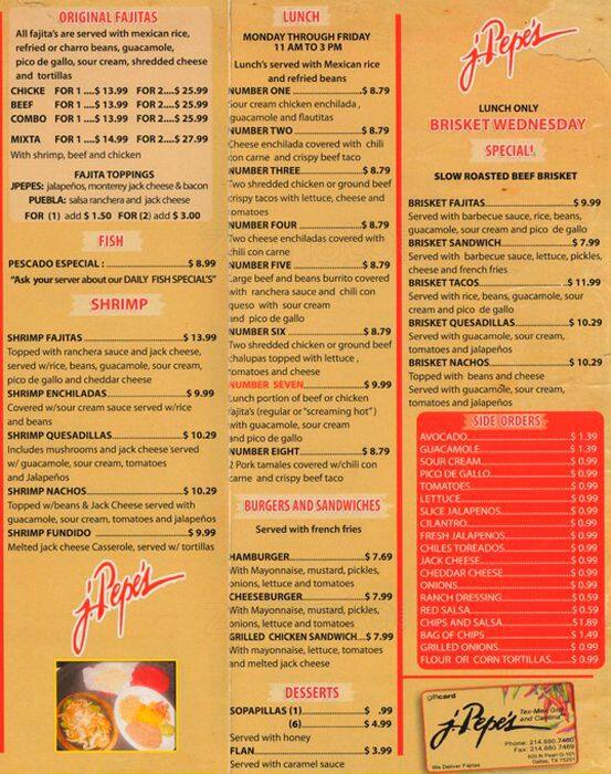 Menu of J Pepe's Plaza of the Americas, Downtown, Dallas  