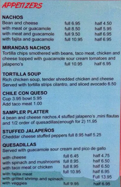 Menu of Miranda's Mexican Food, Burleson, Burleson  