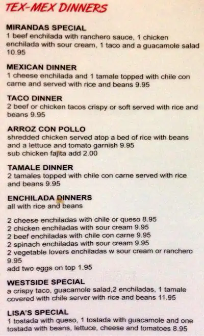 Menu of Miranda's Mexican Food, Burleson, Burleson  