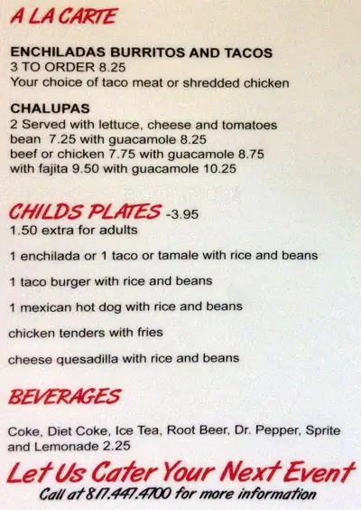 Menu of Miranda's Mexican Food, Burleson, Burleson  