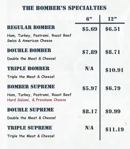 Menu of Jo-Ed's Bomber, Pantego, Arlington  