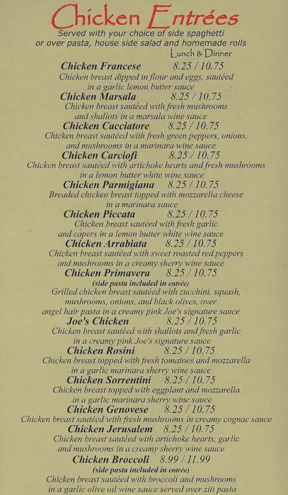 Menu of Joe's Italian Bistro, Allen, Allen  