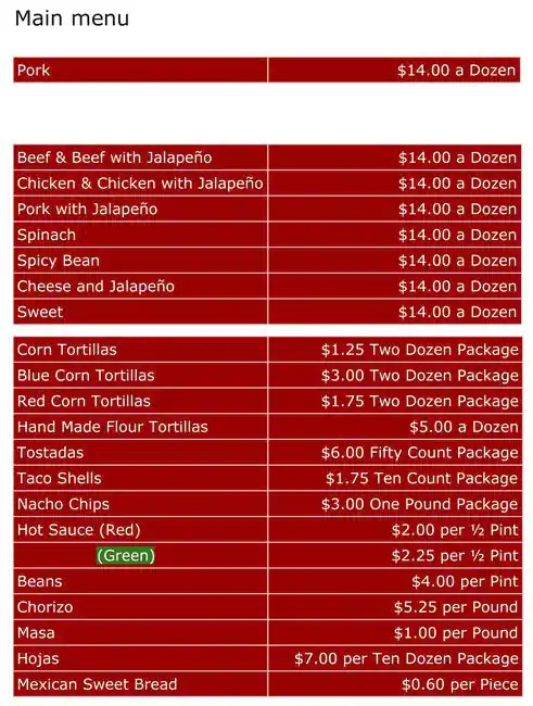 Menu of Luna's Tortillas, Lovefield, Dallas  