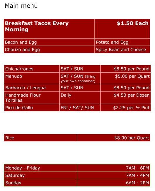 Menu of Luna's Tortillas, Lovefield, Dallas  