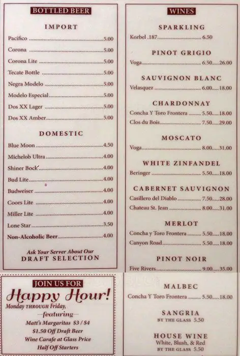 Menu of Matt's Rancho Martinez, Lower Greenville, Dallas  