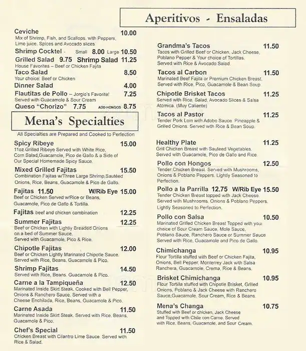 Menu of Menas Tex-Mex Grill  Cantina, Carrollton, Carrollton  
