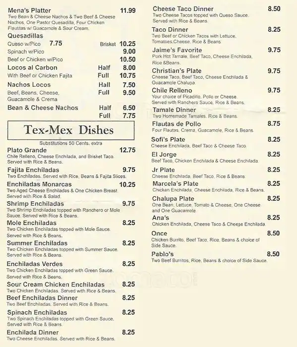 Menu of Menas Tex-Mex Grill  Cantina, Carrollton, Carrollton  