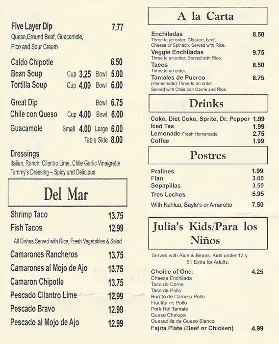 Menu of Menas Tex-Mex Grill  Cantina, Carrollton, Carrollton  